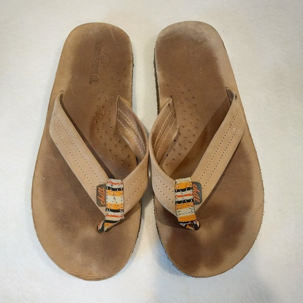 Margaritaville Tan Leather Flip Flop Women 9 Thong Sandals Fullmoon Chill MG5103